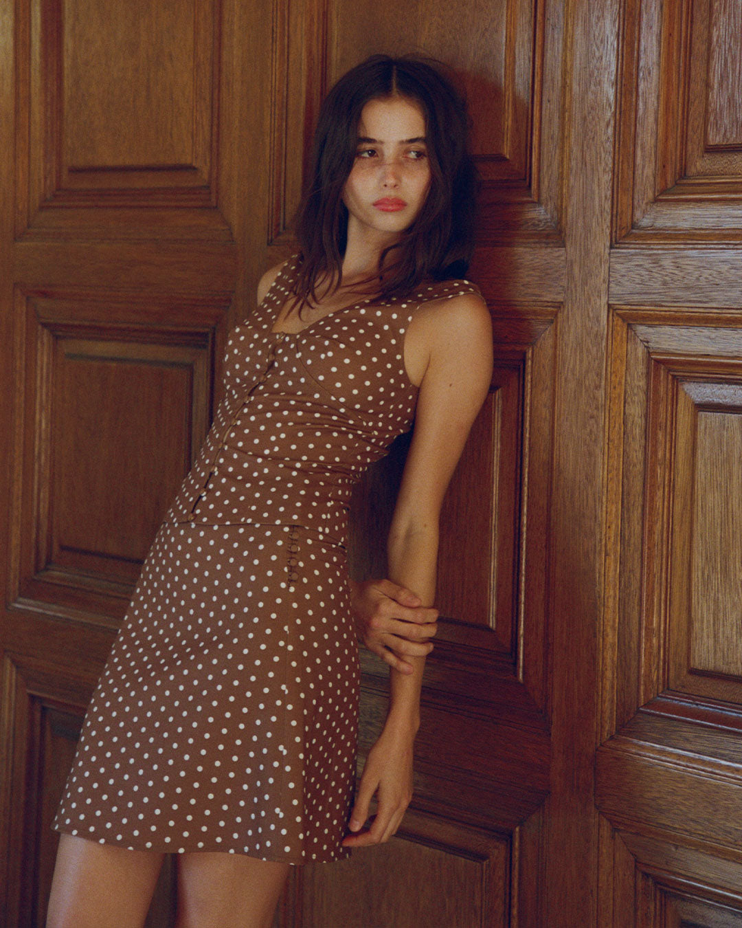 Wren Midi Skirt in Maple brown polka dot A line midi skirt with button up closure