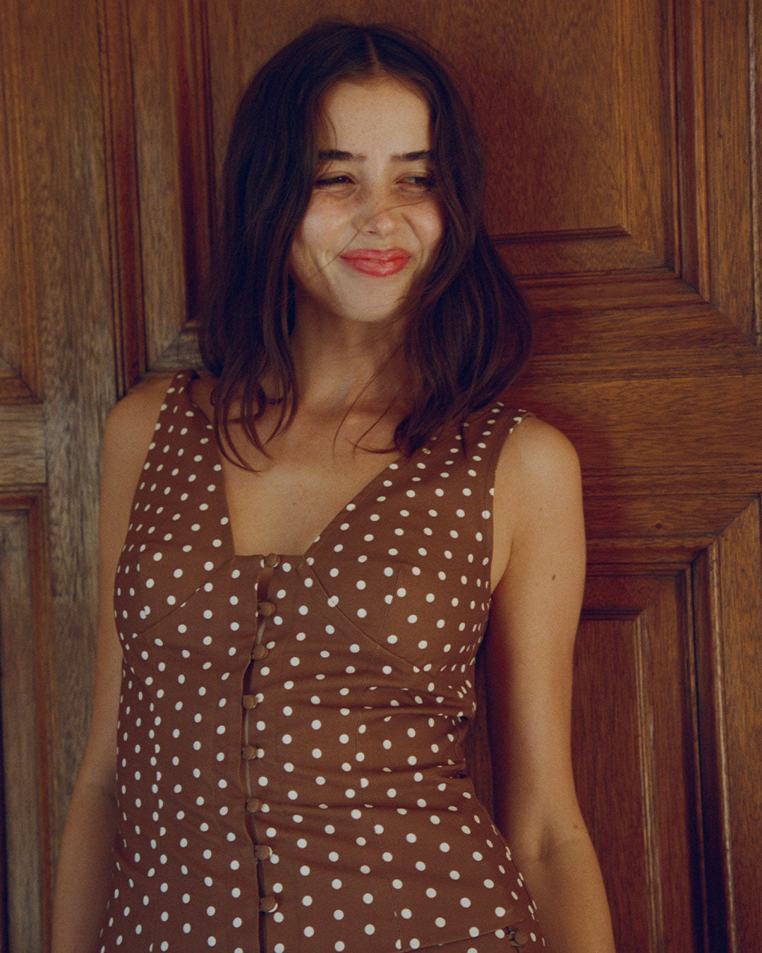 Darci Top in Maple brown polka dot button up top with plunge neckline and thick straps