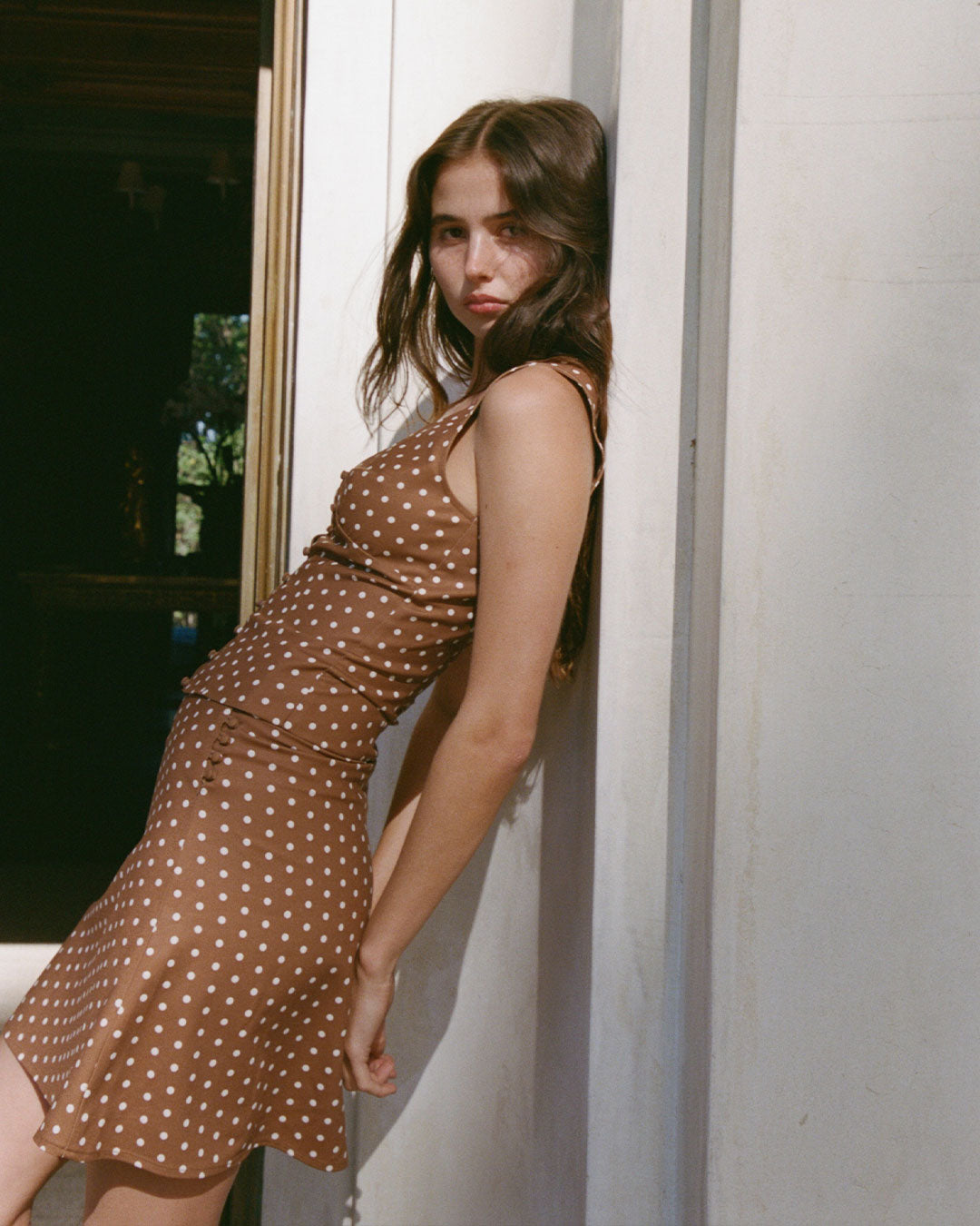 Wren Midi Skirt in Maple brown polka dot A line midi skirt with button up closure