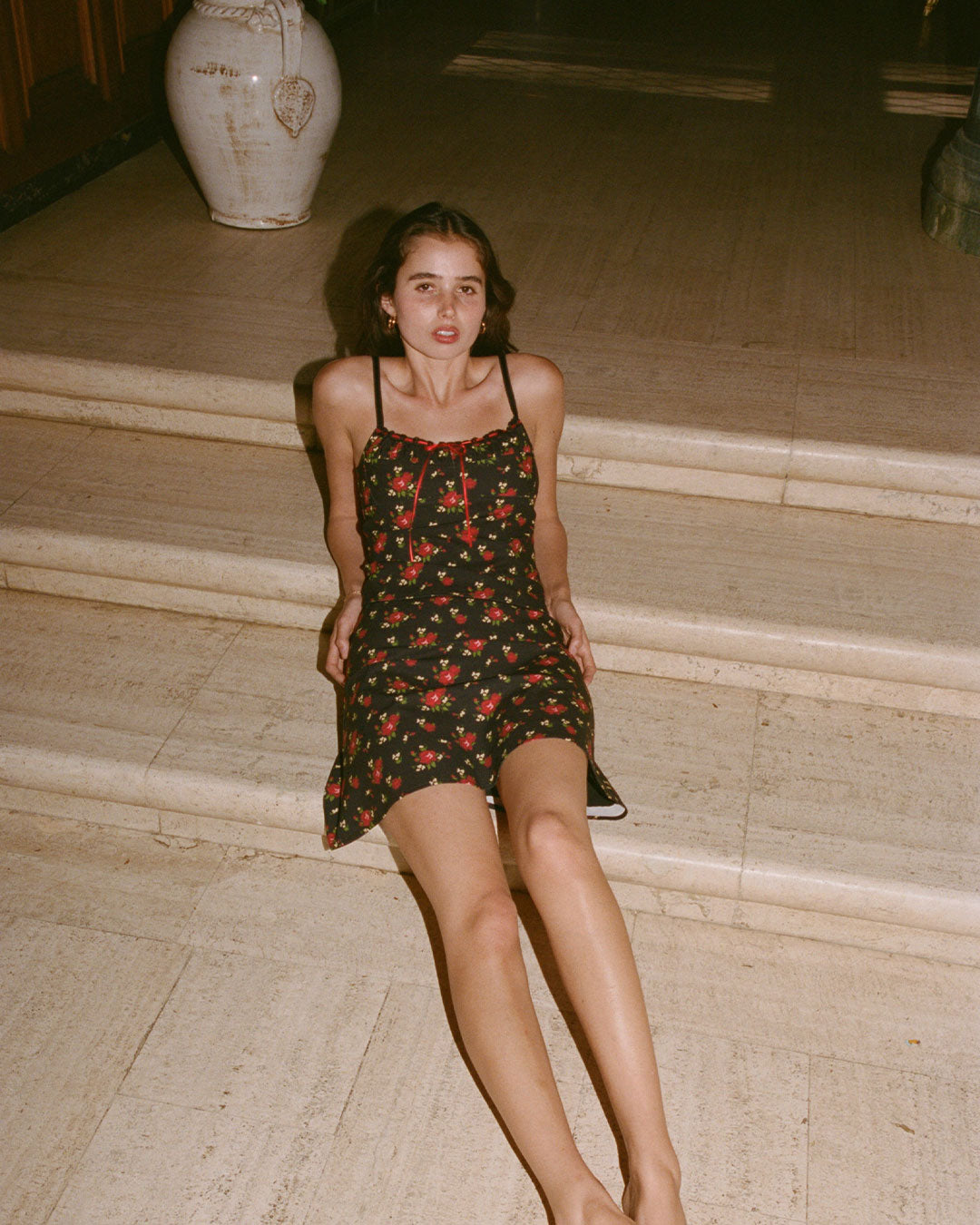 Hazel Midi Skirt in Fleur knee-length A line black floral skirt with side zipper and scalloped lace waistband