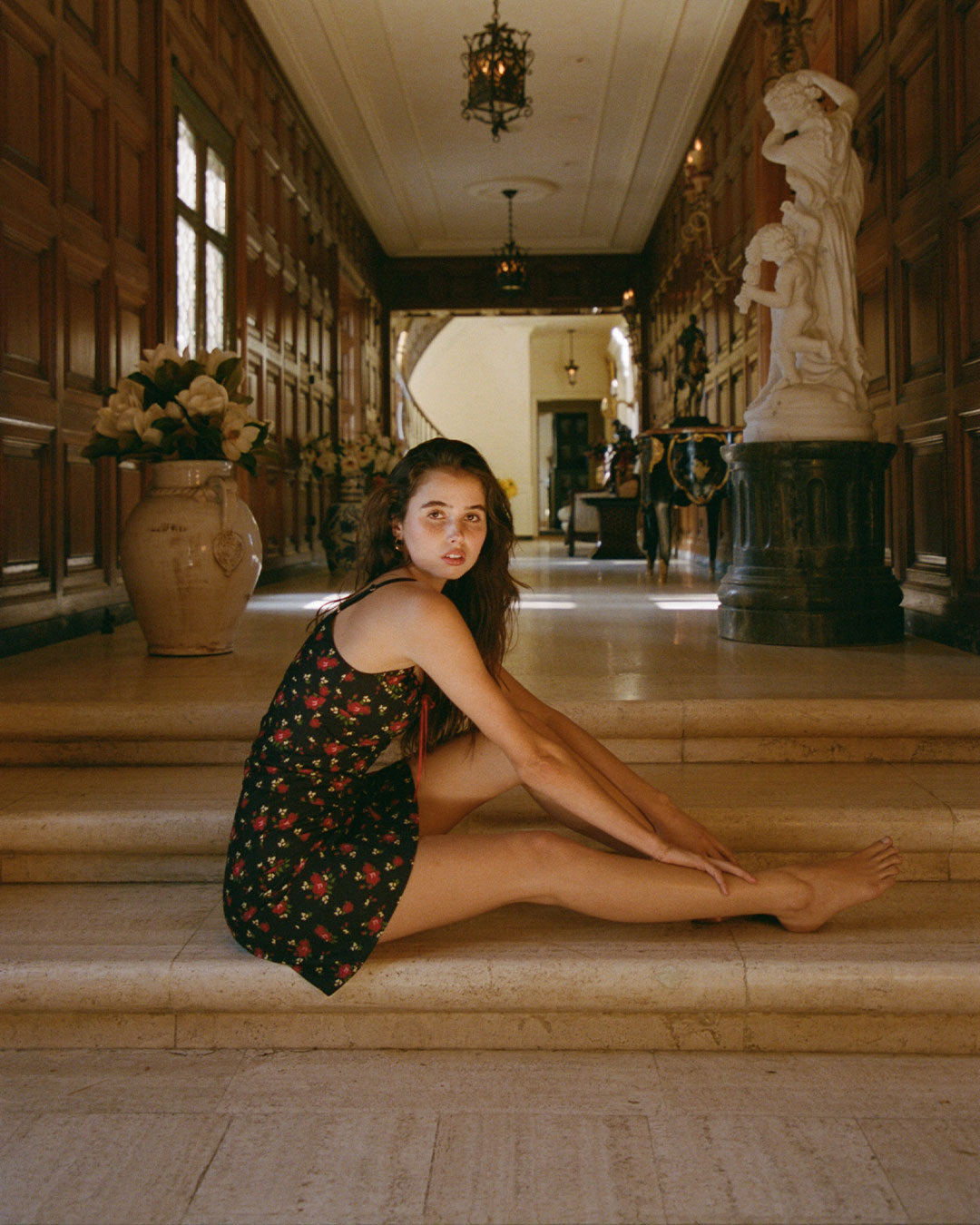 Hazel Midi Skirt in Fleur knee-length A line black floral skirt with side zipper and scalloped lace waistband
