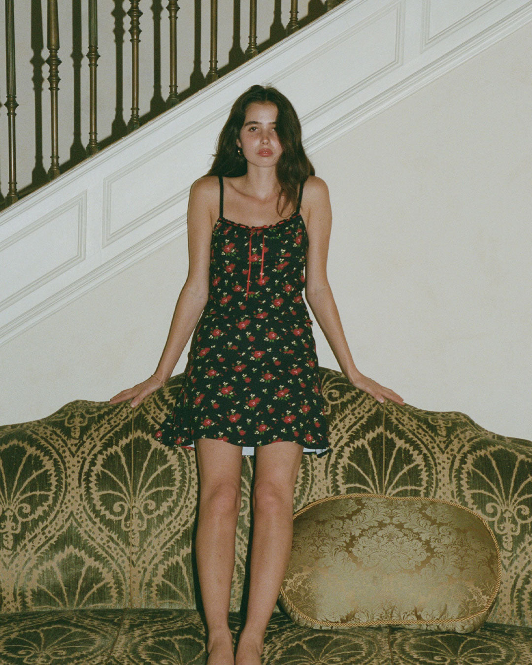 Hazel Midi Skirt in Fleur knee-length A line black floral skirt with side zipper and scalloped lace waistband