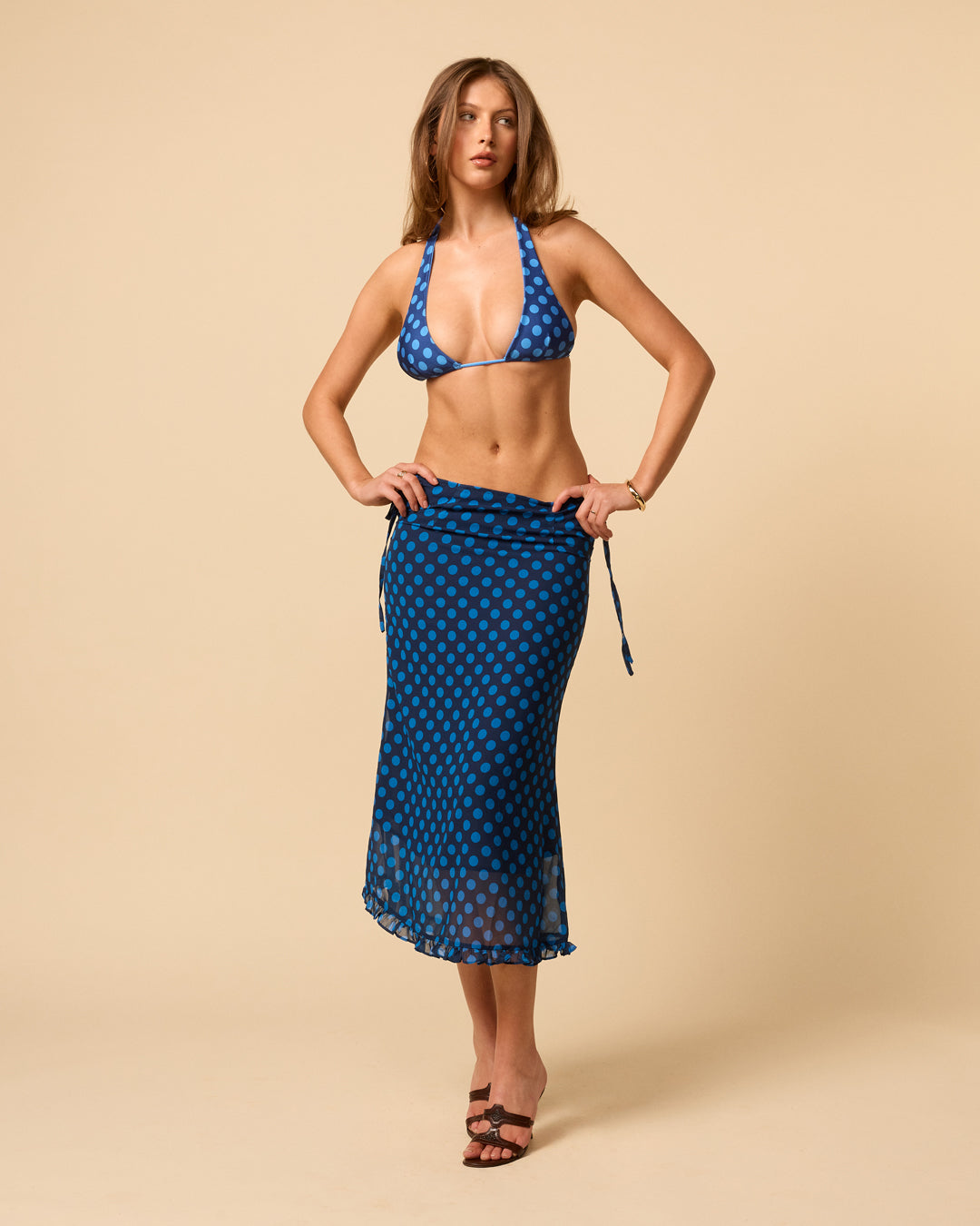 Women's sheer midi skirt ankle length with ruffle hem in blue polka dot