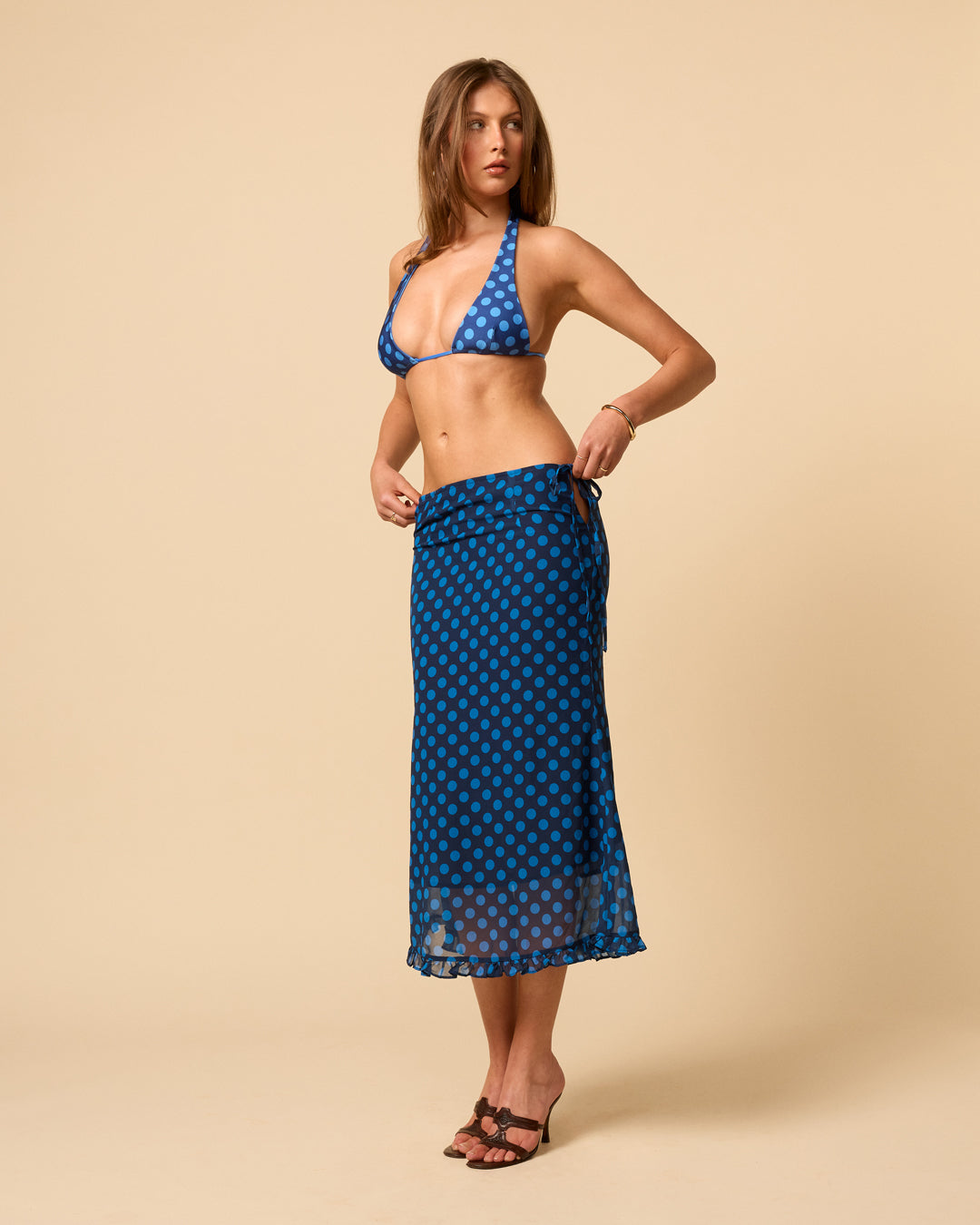 Women's sheer midi skirt ankle length with ruffle hem in blue polka dot