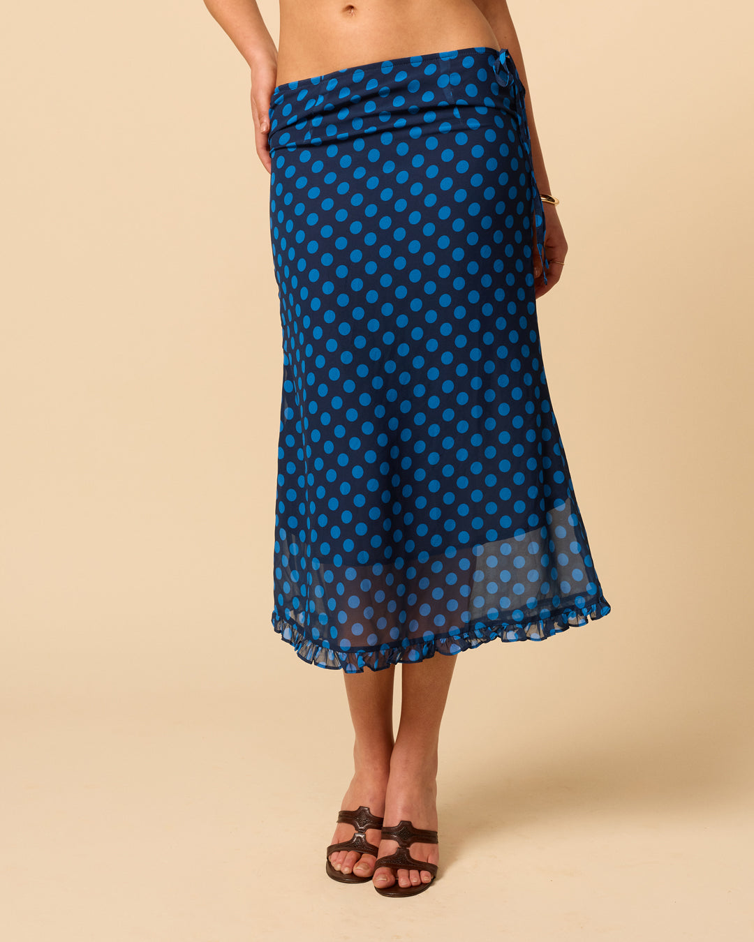 Women's sheer midi skirt ankle length with ruffle hem in blue polka dot
