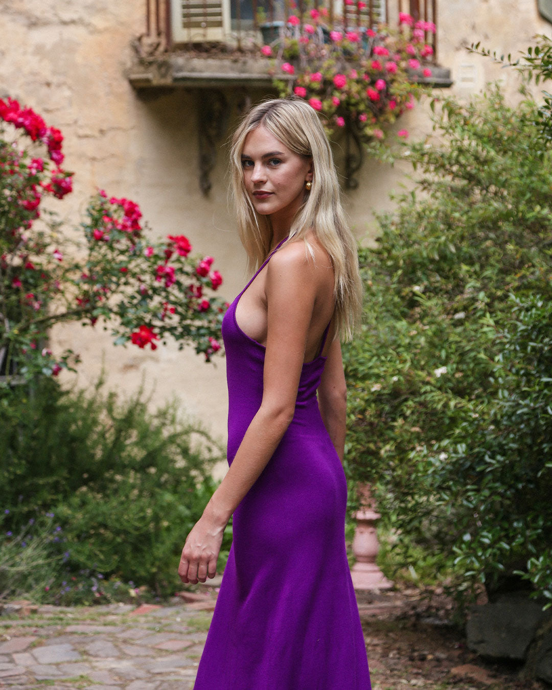 Madeline Dress in Purple maxi knit dress with sweetheart neckline and open back