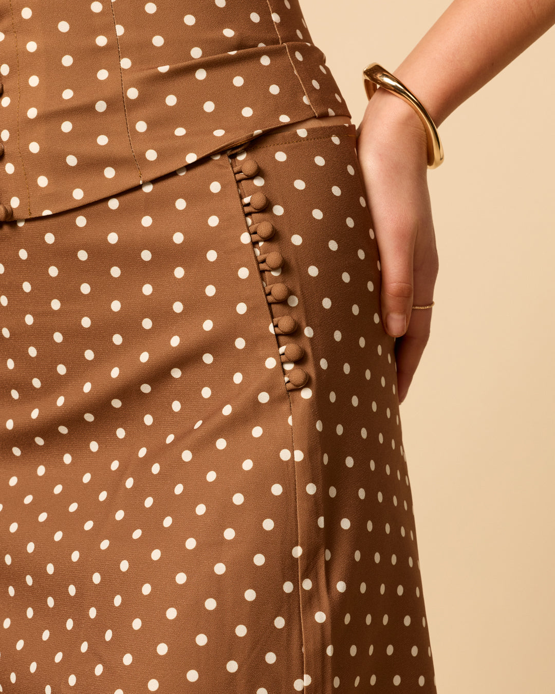 Wren Midi Skirt in Maple brown polka dot A line midi skirt with button up closure