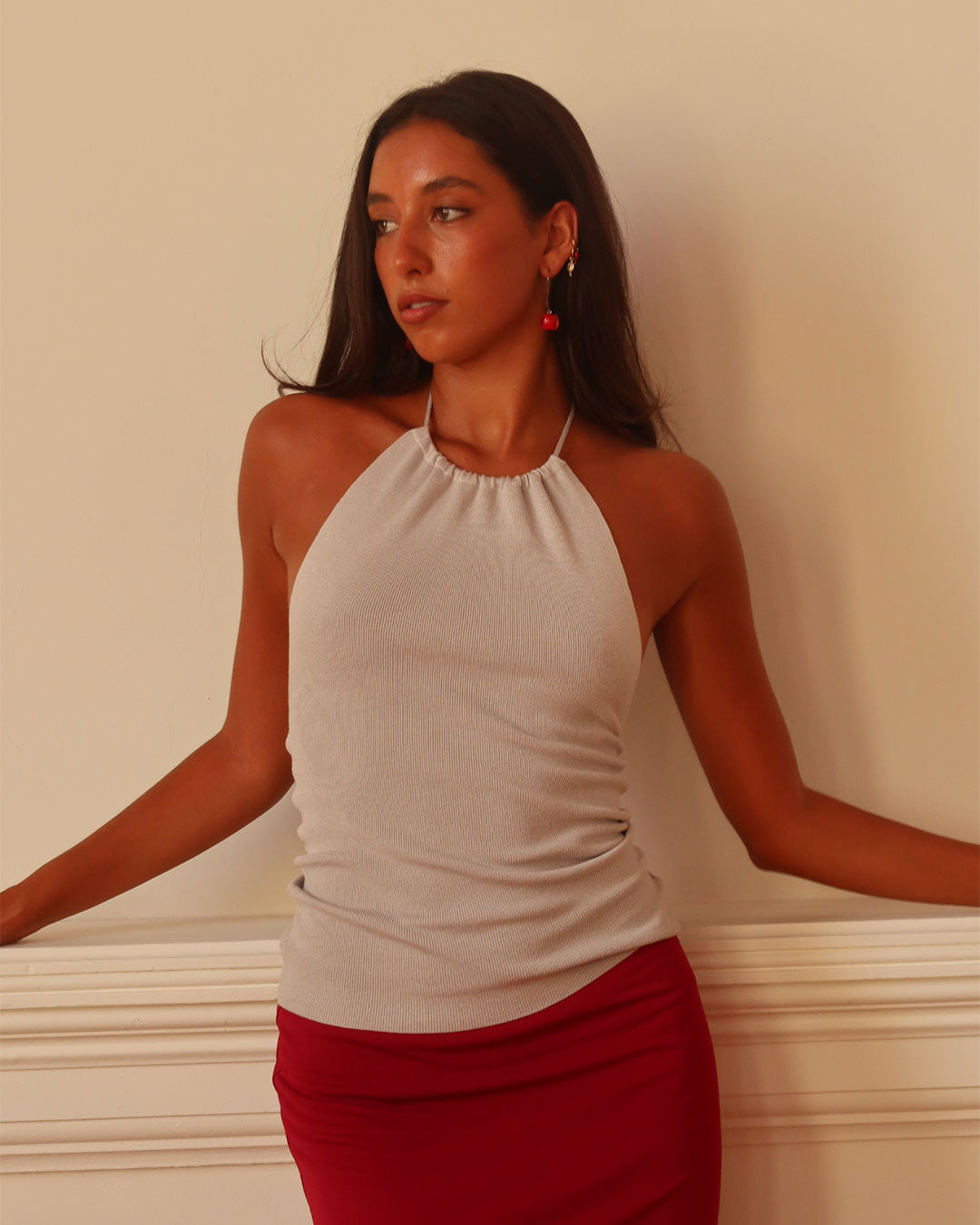 Harper Halter Top 90s-inspired high-neck halter in ribbed knit fabric