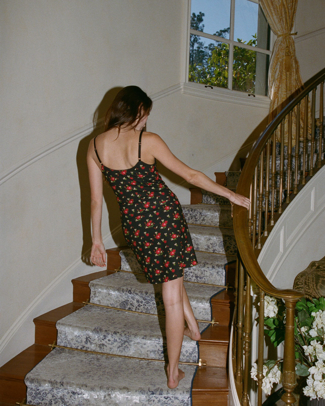 Hazel Midi Skirt in Fleur knee-length A line black floral skirt with side zipper and scalloped lace waistband